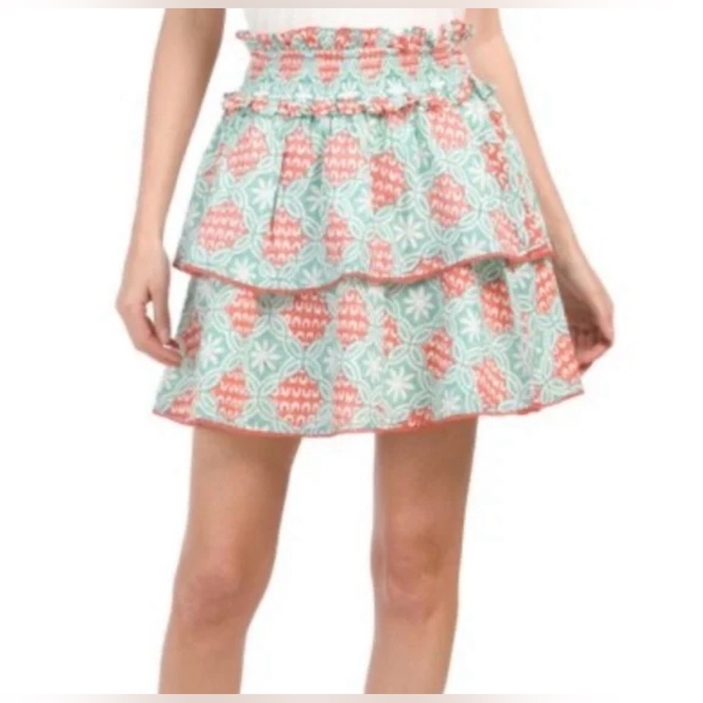 Marea Womens Cotton Floral Smocked Waist A-Line Ruffled Skirt Green Sz Xs